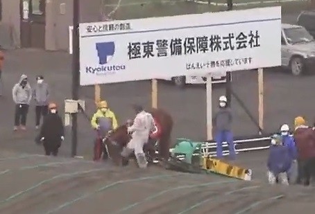 ばんえい競走でドウナンヒメに顔面蹴りを入れる鈴木恵介騎手の画像